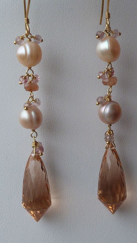 peach quartz Chandelier Earrings Diy, Peach Quartz, Swarovski Crystal Drop Earrings, Bridal Jewelery, Wire Wrap Jewelry Designs, Beaded Jewelry Necklaces, Pearl Accessories, Gold Necklace Indian Bridal Jewelry, Jewelry Design Inspiration