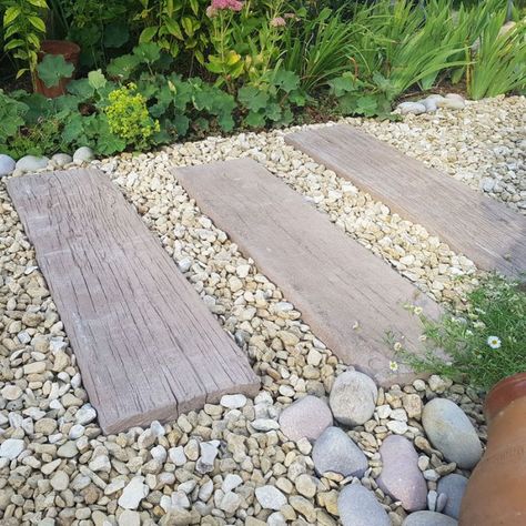 Sleepers Garden Ideas Landscape Design, Concrete Sleeper Steps, Gravel Patios, Garden Clothesline, Railway Sleepers Garden, Front Garden Path, Stepping Stone Path, Sleepers In Garden, Concrete Sleepers