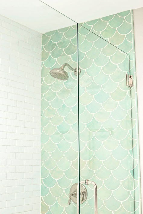 Light Teal Fish Scale Bathroom Tile | Mercury Mosaics Lux Bathroom, Unique Bathroom Tiles, Moroccan Fish, Mermaid Tile, Moroccan Fish Scale Tile, Moroccan Fish Scale, Ceramic Tile Bathrooms, Mercury Mosaics, Fish Scale Tile