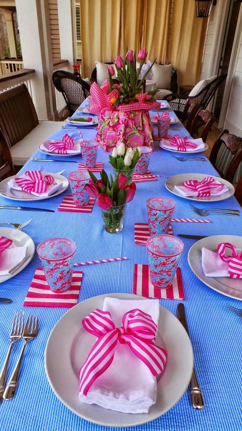 Preppy Table Setting, Lilly Pulitzer Party Decorations, Blue Tablescape, Lilly Party, Prep Table, Preppy Party, Preppy Life, Prep Life, Birthday Table