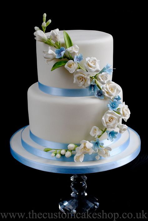 Wedding Cake - Sky Blue and Ivory Sky Blue Wedding Cake, Blue Wedding Theme Flowers, Blue Wedding Theme Centerpieces, Blush Pink Wedding Cake, 2 Tier Wedding Cake, Sugar Flower Wedding Cake, Wedding Cake Simple Elegant, 2 Tier Wedding Cakes, Sky Blue Weddings