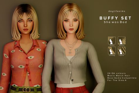 Buffy Hair, Daylife Sims, Sims 4 Cas Mods, 2000s Clothing, Pelo Sims, Free Sims, Hair Set, Sims 4 Mm, Sims 4 Collections