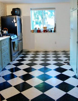 Self Leveling Concrete, Painting Bathroom Countertops, Vct Flooring, White Vinyl Flooring, Vct Tile, Vintage Laundry Room, Checkerboard Floor, White Tile Floor, Kitschy Kitchen