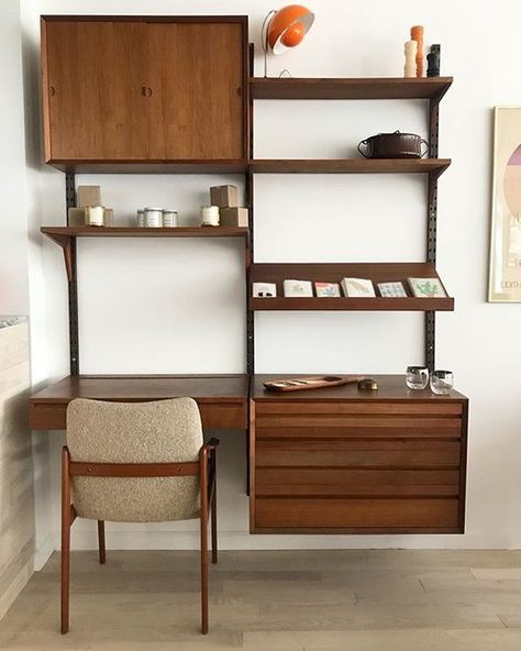 Danish Mid Century Cado floating wall unit with vanity/desk in teak! $2900 for the unit. Mid Century Teak Kai Kristiansen style Desk Chair, $265. • And lots of great holiday gifts! 〰〰〰 #cado #cadounit #danishmodern #danishdesign #midcenturymodern #midcenturymodernfurniture #teak #wallunit #storage #desk #office#home #homeunion #forsale #brooklyn #nyc #williamsburg #interiordesign #classic #timeless Modern Wall Unit, Mid Century Wall Unit, Desk Wall Unit, Modern Wall Units, Mod Furniture, Mcm Furniture, Modular Walls, Wall Desk, Mid Century Modern Walls