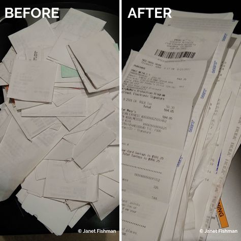 Here are some tips to organize receipts–you, your bookkeeper, your CPA, and your professional organizer will appreciate having the receipts unfolded, like-with-like, and all in the same direction. #organizer #professionalorganizer Organize Receipts, At The Gas Station, Receipt Organization, File Organiser, File Box, How To Organize, Professional Organizer, Dry Cleaners, Restaurant Supplies