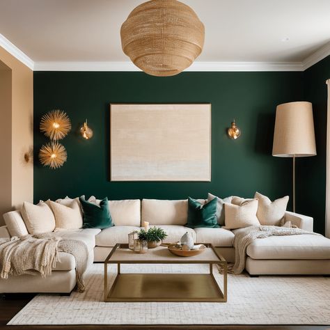 Dark Sage Green Living Room, Dark Green Living Room Aesthetic, Dark Green Living Room Color Scheme, Brown And Green Living Room, Green Living Room Color Scheme, Warm Living Room Colors, Emerald Green Living Room, Room Reset, Green Walls Living Room