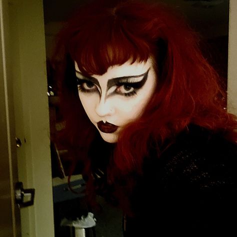 Goth Red Hair, Trad Goth Makeup 80s, Red Goth Makeup, Red Hair Goth, Redhead Goth, Perky Goth, Trad Goth Makeup, Traditional Goth, Red Goth