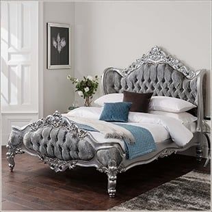 Shabby Chic Beds | Shabby Chic Furniture | HomesDirect365 Crushed Velvet Double Bed, Bed Frames Uk, Crushed Velvet Bed, Bed Frame Sets, Bed Board, French Style Bed, Carving Furniture, Double Bed Size, Wood Carving Furniture