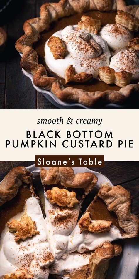 This black bottom pumpkin custard pie is the quintessential fall pie with a unique twist! Layered under the creamy pumpkin filling is a rich ganache! Pumpkin Custard Pie, Pie Crust Leaves, 2024 Holidays, Making Pie Crust, Pumpkin Filling, Almond Butter Brownies, Unique Pies, Pumpkin Custard, Sweet Pies