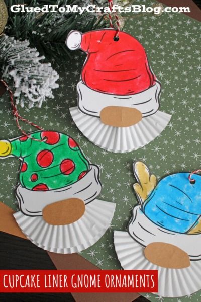 Cupcake Liner Christmas Gnome Ornament - Glued To My Crafts Cupcake Paper Crafts Christmas, Gnome Ornaments Diy Kids, Easy Gnome Crafts For Kids, Elf Craft Kindergarten, Gnome Christmas Crafts For Kids, Cupcake Liner Ornaments, Christmas Gnome Craft For Kids, Easy Gnomes Crafts, Gnome Crafts For Kids