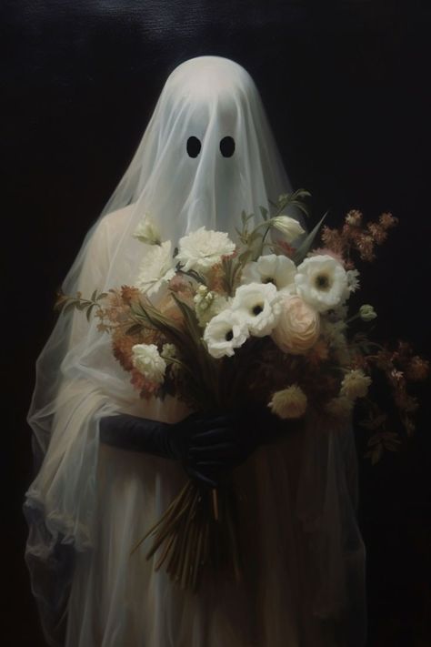 Ghost Holding Flowers, Flowers Digital Art, Dollhouse Halloween, Ghost World, Vintage Ghost, Ghost Art, Image Vintage, Iconic Wallpaper, Halloween Artwork