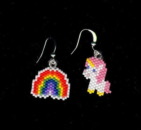 Unicorns and Rainbows Beaded Earrings Throw Back to by FoxyMomma Brick Stitch Rainbow, Unicorn Cross Stitch Pattern, Unicorns And Rainbows, Miyuki Beads Pattern, Seed Bead Projects, Seed Bead Crafts, Brick Stitch Pattern, Throw Back, Rainbow Beads