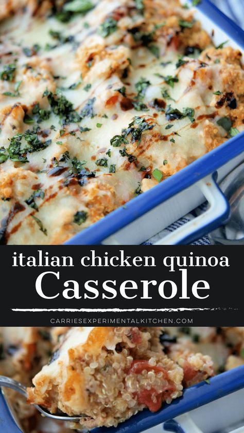 Italian Chicken Quinoa Casserole made with shredded chicken, nutty quinoa and fire roasted tomatoes; then topped with shredded Mozzarella cheese. Chicken Quinoa Casserole, Chicken Quinoa Recipes, Cucumber Quinoa Salad, Baked Meals, Chicken And Quinoa, Healthy Fried Chicken, Quinoa Casserole, Quinoa Recipes Healthy, Roast Chicken Leftovers