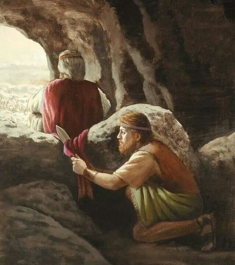 1 Samuel 24:3-5 Y cuando llegó a un redil de ovejas en el camino, donde había una cueva, entró Saúl en ella para cubrir sus pies; y David y sus hombres estaban sentados en los rincones de la cueva. Entonces los hombres de David le dijeron: He aquí el día de que te dijo Jehová: He aquí que entrego a tu enemigo en tu mano, y harás con él como te pareciere. Y se levantó David, y calladamente cortó la orilla del manto de Saúl.Después de esto se turbó el corazón de David, porque había cortado la..♔ David And Saul, David Bible, Biblical Artwork, Bible Photos, Bible Artwork, Bible Images, Bible Illustrations, Bible Characters, Bible History