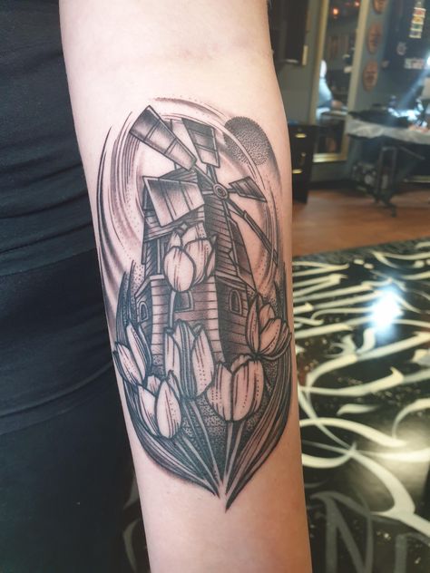 A windmill to honour my dutch heritage Dutch Heritage Tattoo, Windmill And Tulips Tattoo, Dutch Inspired Tattoos, Dutch Tattoo Ideas, Rain Tattoos, Windmill Tattoo, Dutch Tattoo, Rain Tattoo, Tulip Tattoo