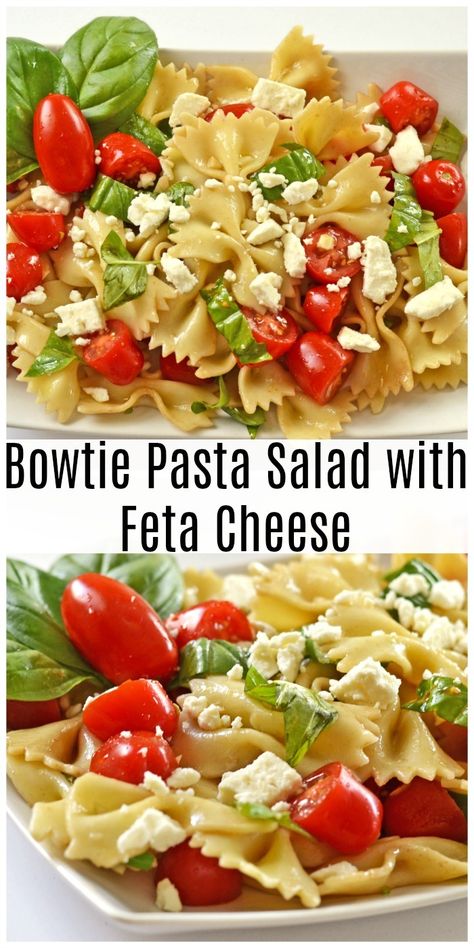 Bowtie Pasta Salad- A light and tangy pasta salad featuring bowtie shapes. This salad is a summer staple and is sprinkled with feta, fresh basil and cherry tomatoes. #bowtie #pastasalad #feta  via @sizzlingeats Tomato Feta Pasta Salad, Pasta Salad Feta Cheese, Pasta Salad With Feta, Cold Bowtie Pasta Salad, Pasta Salad With Feta Cheese, Bow Tie Pasta Recipe, Bowtie Pasta Salad, Feta Pasta Salad, Tomato Pasta Salad