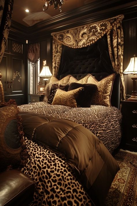 Luxurious bedroom with leopard print bedding, ornate pillows, and elegant lighting. Mob Wife Bedroom, Cheetah Room Ideas, Cheetah Print Bedroom Aesthetic, Classy Master Bedrooms Decor, Capricorn Bedroom Aesthetic, All Black Bedroom Ideas For Women, Leopard Print Room Decor, Cheetah Print Room, Woman Room Ideas