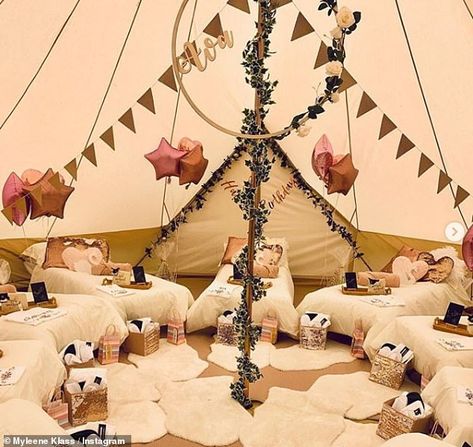 Myleene Klass celebrates daughter's 12th birthday in style as Ava is treated to a Teepee party Fort Party, Yurt Birthday Party, Teepee Sleepover Party Outdoor, Birthday Glamping, Birthday Glamping Ideas, Glamping Birthday Party Ideas Tent Backyard Camping, Tp Tent Birthday Party, Glamping Birthday Party Ideas, Camping Party Ideas