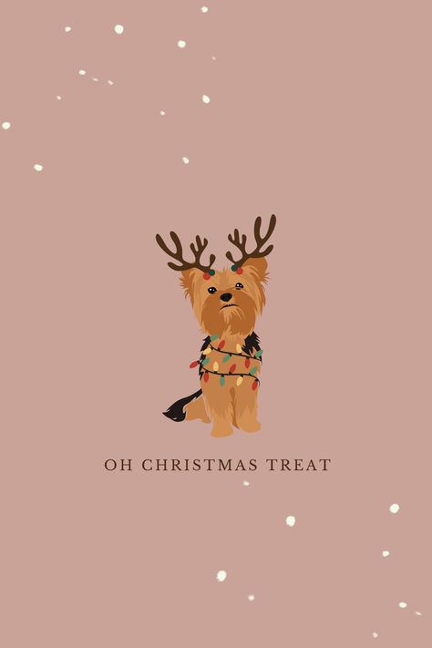 dog wallpaper on pink/grey background. dog has antlers and christmas lights. caption says 'oh christmas treat.' snow effect is on the picture. Golden Retriever Christmas Wallpaper, Dog Christmas Aesthetic, Goldendoodle Wallpaper Iphone, Christmas Dogs Aesthetic, Dog Procreate Art, Christmas Wallpaper Animals, Cute Christmas Profile Pictures, Puppies First Christmas, Christmas Dogs Wallpapers