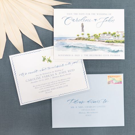 A coastal save the date for Caroline & John! 📷: @theshannongrant . . #floridawedding #hillsboroclubflorida #wibl #customsavethedate #watercolorsavethedate #savethedatedesign #customweddingcrest #weddingmonogramdesign #customenvelopeliner #watercolorenvelopeliner #savethedatedesigner #customweddinginvitation #customwatercolor #weddingwatercolor #weddinginvitations #weddingideas #weddinginvites #botanicalart #moderncalligraphy #engaged #gettingmarried #engagement Nantucket Save The Date, Bar Menu Wedding, Save The Date Designs, Wedding Crest, Watercolor Wedding Invitations, Custom Watercolor, Custom Hand Painted, Wedding Bar, Monogram Design