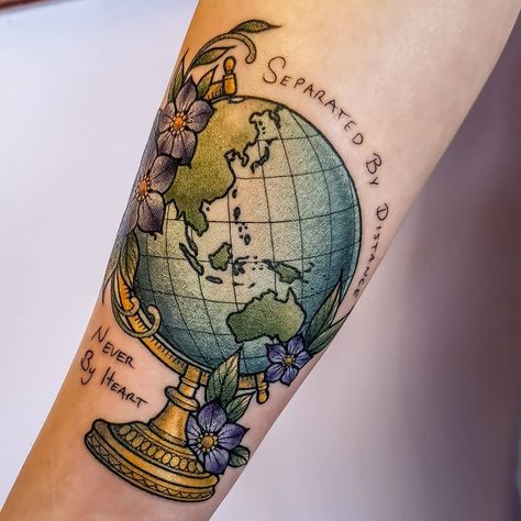 World Globe for Renata featuring the handwriting of her brother.  Terrestrial globes are spherical maps of the world and is the only "true"… Vintage Globe Tattoo, Earth Globe Tattoo, Globe Tattoo Design, Darling Tattoo, Teacher Tattoo, World Map Tattoo, Globe Tattoo, Maui Tattoo, Big Tattoos