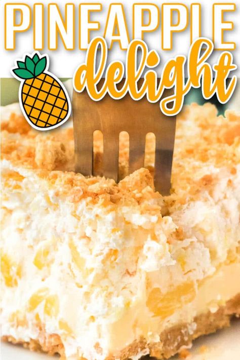 Heavenly Pineapple Pecan Cheesecake Bars, Pineapple Delight Dessert Cool Whip, Pineapple Surprise Dessert, Light Pineapple Desserts, Healthy Crushed Pineapple Recipes, Coconut Pineapple Dessert Recipes, Pineapple Delight Recipe, Tropical Pineapple Paradise Pie, Complex Dessert Recipes