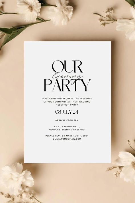 Continue the party long into the night with our stylish Evening Wedding Reception Invites. Capture the essence of your love story with our thoughtfully designed minimal invitations. Our invitations are FSC® certified. #EveningReception #PartyInvitations #WeddingCelebration #WeddingInvites #MinimalWedding Wedding Reception Invites, Evening Wedding Reception, Reception Invites, Reception Invite, Evening Wedding Invitations, Evening Reception, Reception Invitations, Reception Party, Minimal Wedding