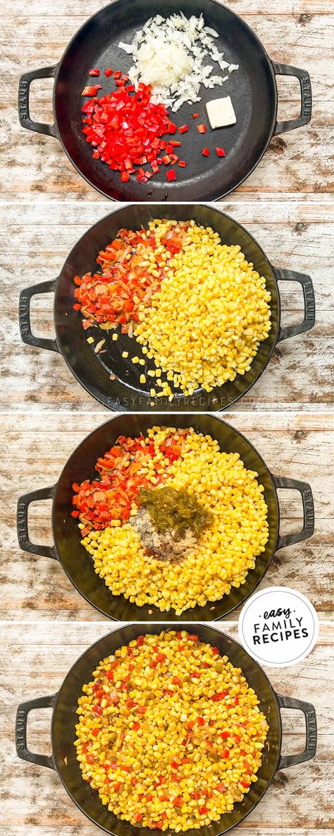 This Southwest Corn recipe is super simple for a side dish that’s easy to make and family friendly too! Made with canned, fresh, or frozen corn along with red bell pepper, onion, diced green chiles and seasoning for a full-of-flavor side dish that’s perfect with Tex-Mex, Southwest, or Mexican entrees. We love this Southwest-style corn recipe and make it all the time. Corn With Peppers And Onions, Corn Red Pepper Side Dish, Southwest Corn Recipe, Southwest Corn, Beef Taco Casserole, Asian Steak Bites, Mexican Entrees, Taco Side Dishes, Creamy Pasta Bake