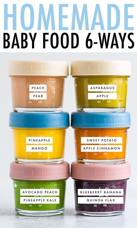 6 easy and tasty baby food combo recipes: Sweet Potato Apple, Asparagus Apple, Blueberry Banana Quinoa Flax, Peach Pear, Avocado Peach Pineapple Kale and Pineapple Mango. These homemade baby food recipes are great for stage 2! They are quick and easy to make, and perfect to freeze for later. #eatingbirdfood #babyfood #baby #babyrecipe #stage2 #stagetwo Pure Baby Food Recipes, Making Your Own Baby Food, Kale Baby Food Recipes, Freeze Dried Baby Food, Baby Food Recipes Stage 2, Baby Food Essentials, Baby Food Puree Combinations, Stage 2 Baby Food Recipes, Stage 1 Baby Food Recipes