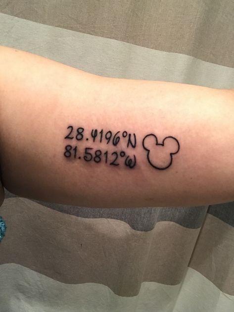 Coordinates of Cinderella castle/Walt Disney World   Disneyland = 33.48*N/117.55*W Disney Coordinates Tattoo, Disney World Coordinates Tattoo, Disney Park Tattoo Ideas, Small Disneyland Tattoos, Disneyland Coordinates Tattoo, Disney Parks Tattoo, Disneyland Tattoo Sleeve, Disney World Tattoo, Cinderella Castle Tattoo