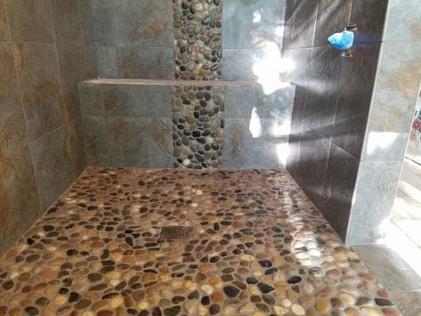 Rock Shower Ideas, Pebble Tile Floor, River Rock Shower Floor, Latest Flooring Trends, Rock Shower Floor, Pebble Tile Shower Floor, River Rock Tile, River Rock Floor, Stone Shower Floor