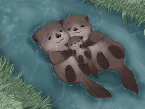 Cute Otters Drawing, Otter Family, Otter Drawing, Baby Sea Otters, Otter Illustration, Otter Art, Baby Otters, Family Drawing, Family Painting