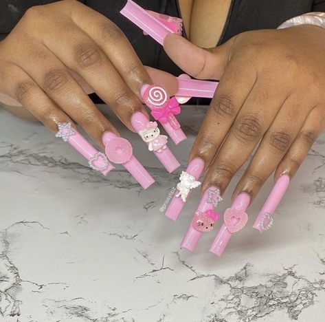 Pink Long Nails With Charms, Candy Nail Charms, Nails With Candy Charms, Pink Nails With Charms, Candy Charms, Pink Charm, Basic Nails, Nail Candy, Long Square Acrylic Nails