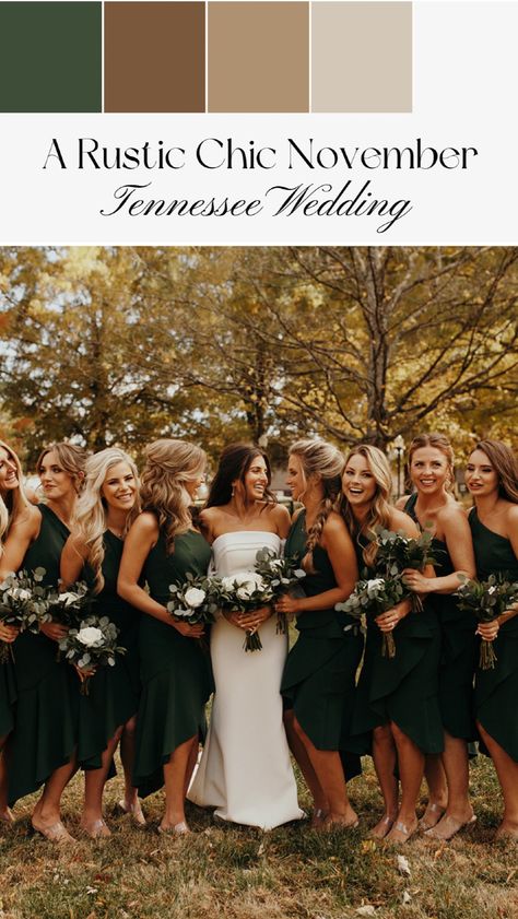 A rustic chic November wedding color palette for Jess & Ben Higgin’s rustic outdoor fall wedding décor at The Estate at Cherokee Dock, one of the best Tennessee wedding venues. Their forest green and champagne wedding color scheme was the perfect pick for their rustic outdoor wedding. Click through for their full November wedding décor and fall wedding inspiration. We offer luxury weddings in Nashville and worldwide. Rustic fall wedding tablescapes, November wedding aesthetic Sage Wedding Colors Fall, Fall Rustic Wedding Colors, Emerald And Brown Wedding, Wedding Party Fall Colors, Fall Wedding Bridal Party Attire, Rustic Wedding Bridal Party, Fall Green Wedding Colors, Late November Wedding, Fall Wedding Colors Bridesmaid Dresses