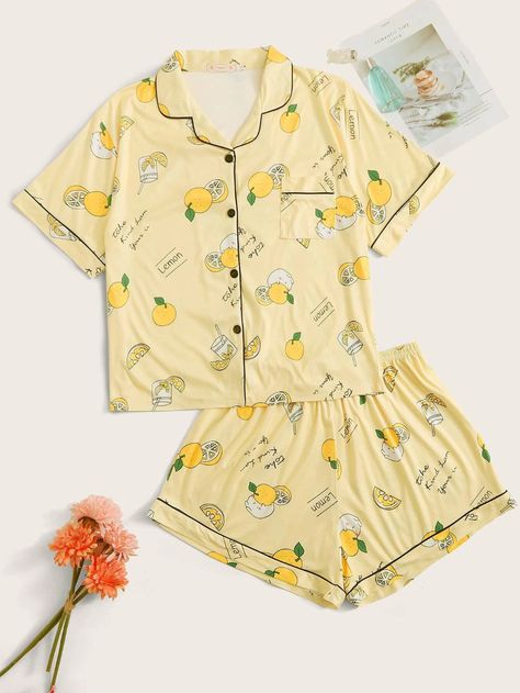 Plus Lemon Print Lapel Collar PJ Set | SHEIN USA Yellow Two Piece, Plus Size Pajamas, Lemon Print, Yellow Fashion, Set Women, Pajama Sets, Pj Sets, Lapel Collar, Short Sets