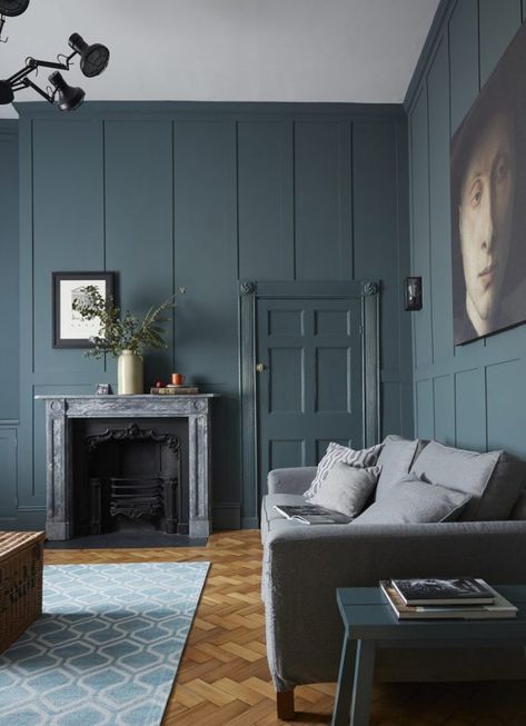 Moody And Dramatic Dark Living Room Ideas and Paint Inspiration Studio Mcgee Paint Colors, Farrow And Ball Inchyra Blue, Studio Mcgee Living Room, Dark Living Room Ideas, Teal Living Room Decor, Grey Fireplace, Dark Blue Living Room, Lights Wallpaper, Inchyra Blue