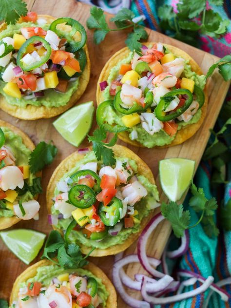 Shrimp Ceviche Tostadas Ceviche Tostada, Seafood Ceviche, Mexican Ceviche, Shrimp Tostadas, Ceviche Recipe, Crispy Shrimp, Pasta Sides, Shrimp Ceviche, Mashed Avocado