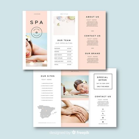 Spa trifold brochure template Free Vector Spa Pamphlet, Beauty Brochures, Spa Poster, Spa Brochure, Leaflet Layout, Leaflet Template, School Brochure, Luxury Brochure, 잡지 레이아웃