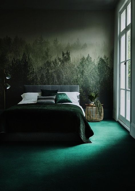 Dark Green Walls, Green Interior Design, Trendy Living Rooms, Trendy Bedroom, Gray Bedroom, Green Carpet, Living Room Green, Green Interiors, Bedroom Green