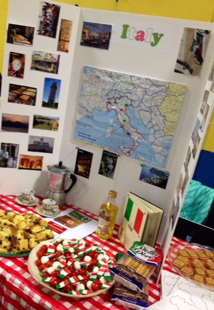 Italy Booth at the Norfeldt International Fair. Submitted photo Italy International Day Ideas, International Day At School Ideas Italy, Booth For School Fair, Geography Fair Display, Italy Display Board, International Fair Ideas, Italy Day At School, International Fair School, Italy World Thinking Day Ideas