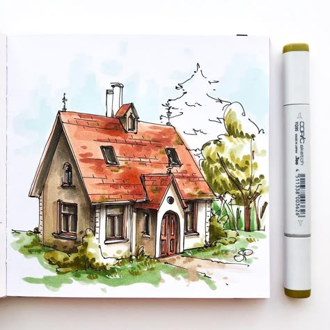 Architecture Drawing Art Buildings, Markers Drawing Architecture, Alcohol Marker Art, Sketches Architecture, Coloring Aesthetic, Marker Illustration, Architecture Paintings, Marker Painting, Aesthetic Art Journal