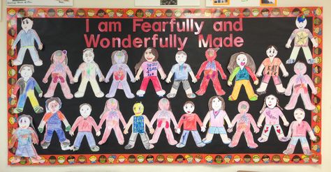 I am Fearfully and Wonderfully Made Bulletin Board Fearfully And Wonderfully Made Bulletin Board, Wonderful Me Bulletin Board, Fearfully And Wonderfully Made Craft, Bible Bulletin Boards, August Crafts, Church Bulletin Boards, 2nd Grade Art, Fearfully And Wonderfully Made, Vbs Ideas