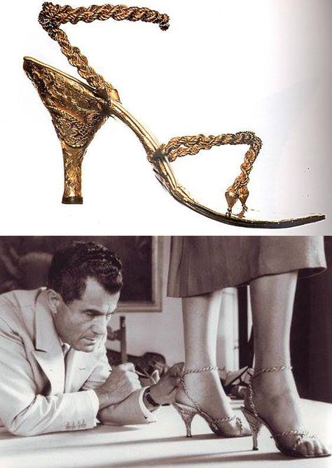 Salvatore Ferragamo 18K gold sandals made for private Australian client, 1956. Vintage Ferragamo Shoes, 50s Sandals, Fantasy Shoes, Golden Shoes, 1950’s Style, Pretty Heels, Vintage Shoe, Italian Heritage, Vintage Heels