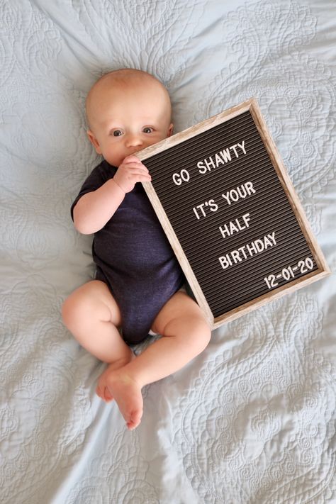 Half Birthday Milestone Pictures, Six Month Milestone Pictures, 6 Month Old Half Birthday Ideas, Half Birthday Photo Ideas, Half Birthday Letter Board Ideas, Boy Half Birthday Ideas, Half A Year Birthday Baby 6 Months, Half Birthday Photoshoot Boy, Boy Half Birthday Pictures