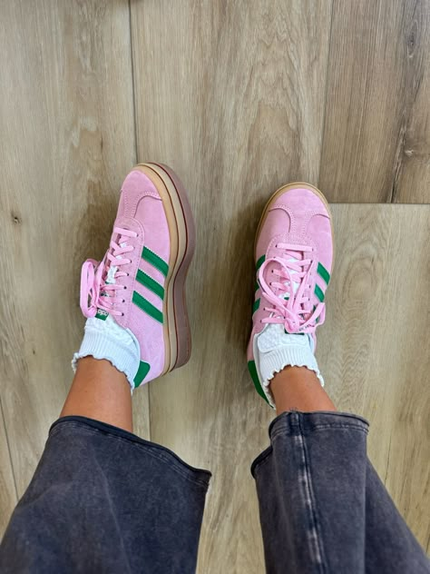 Wmns Gazelle Bold 'True Pink Green' curated on LTK Pink And Green Gazelles Outfit, Pink And Green Gazelles, Pink And Green Shoes, Gazelle Bold Outfit, Adidas Gazelle Green, Pink Gazelle, Adidas Gazelle Pink, Pink Gazelles, Looks Adidas