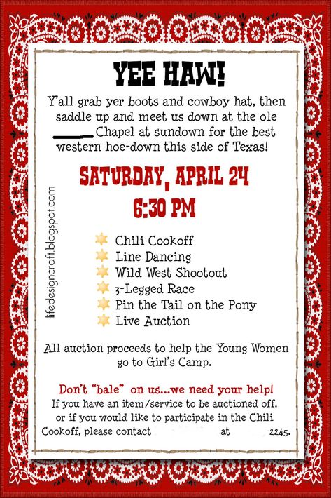 Life.Design. and the Pursuit of Craftiness: YW Fundraiser & Ward Western Night 4h Fundraiser Ideas, 4h Fundraising Ideas, Ffa Fundraiser, Parent Council, Charity Work Ideas, Chili Cookoff, Church Fellowship, Alumni Events, Fun Fundraisers