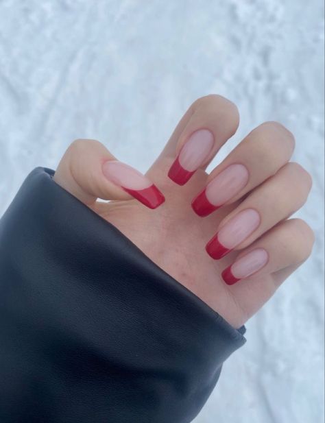 Red French Tip Nails Coffin, Nike Nails, Red French Tips, Pink French Tips, Classy Almond Nails, Red French, Pink French, Casual Nails, Simple Acrylic Nails