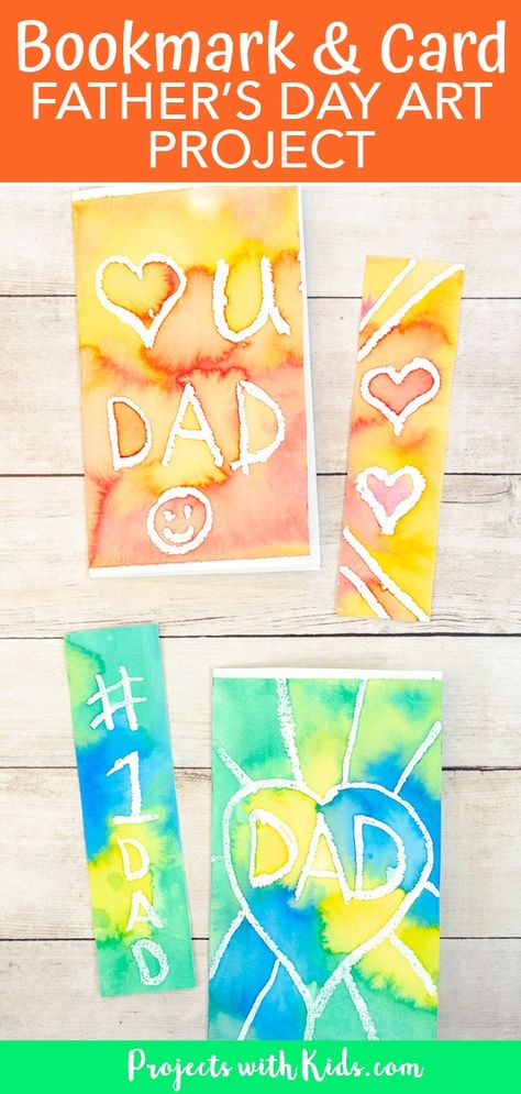 Kids will love to make this colorful Father's Day bookmark and card set for their dad or grandpa as a special handmade gift. A super easy watercolor art project for kids of all ages! #projectswithkids #fathersdaycrafts #watercolorpainting #diybookmarks Kids Craft Fathers Day, Fathers Day Card Ideas From Kids, Easy Fathers Day Crafts For Kids, Fathers Day Card From Kids, Fathers Day Cards For Kids, Diy Father's Day Cards, Art Kindergarten, Handmade Father's Day Gifts, Dad Crafts