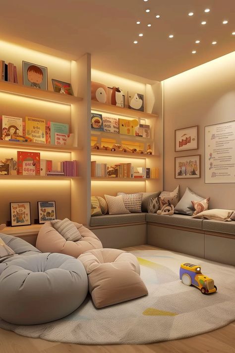 22 Creative Playroom Ideas - Remodr Children’s Playroom Idea, Family Living Room Playroom, Grown Up Playroom Ideas, Playroom With Bookshelves, Playroom Office Ideas, Grown Up Playroom, Playroom Age 5-8, Interior Design Playroom, Basement Family Room Playroom