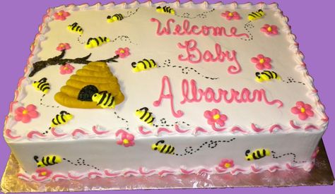 bumble bee sheet cakes | Baby Shower Cakes Bee Sheet Cake, Bee Themed Sheet Cake, Bee Gender Reveal Party Cake, Honey Bee Baby Shower Cake, Mommy To Bee Cake Ideas, Girl Baby Shower Sheet Cake Ideas, Baby Shower Reveal Ideas, Baby Shower Sheet Cakes, Baby Shower Cake Decorations